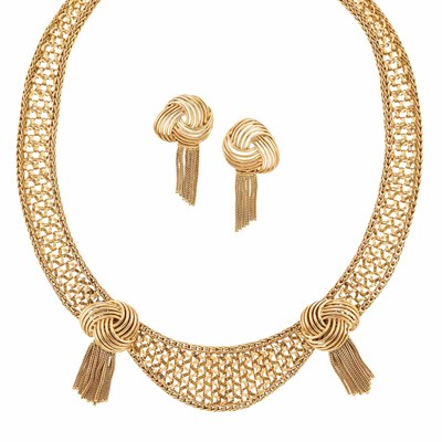 Lot 983 - Woven Gold Fringe Necklace and Pair of Earclips, France