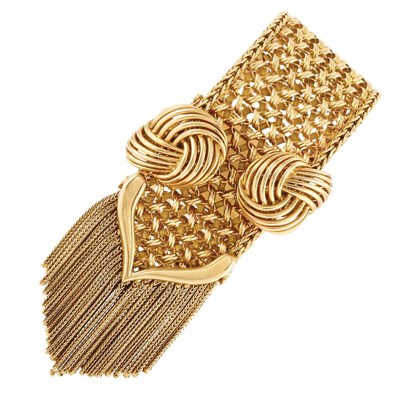 Lot 984 - Wide Woven Gold Slide Fringe Bracelet