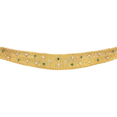 Lot 948 - Woven Gold, Diamond and Emerald Mesh Necklace