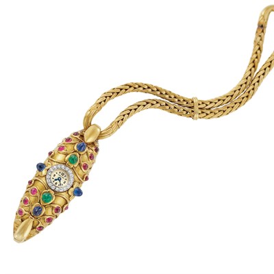 Lot 458 - Gold, Cabochon Gem-Set and Diamond Bracelet-Watch, Cartier, France