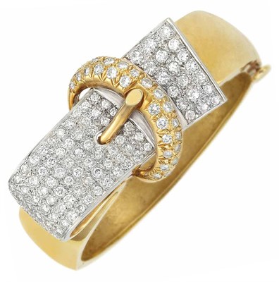 Lot 312 - Two-Color Gold and Diamond Buckle Bangle Bracelet