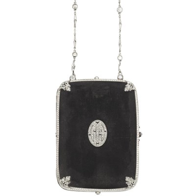 Lot 155 - Edwardian Platinum, Gold, Grosgrain Fabric and Diamond Vanity with Platinum and Diamond Carrying Chain