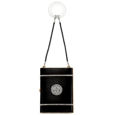 Lot 158 - Art Deco Gold, Platinum, Black Enamel and Diamond Vanity with Frosted Rock Crystal, Platinum, Diamond and Black Cord Carrying Strap