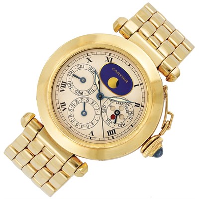 Lot 422 - Gentleman's Gold Perpetual Calendar Moonphase Chronograph 'Pasha' Wristwatch, Cartier