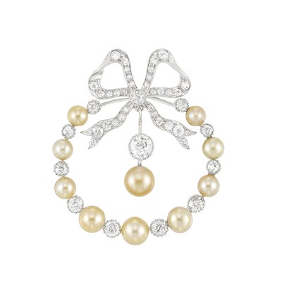 Lot 571 - Belle Epoque Platinum, Gold, Natural Button Pearl and Diamond Circle Bow Brooch