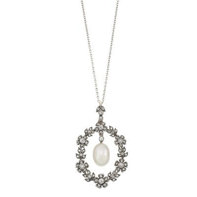 Lot 81 - Belle Epoque Silver, Gold, Natural Pearl and Diamond Pendant