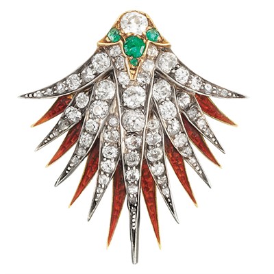 Lot 84 - Antique Silver, Gold, Diamond, Emerald and Red Enamel Clip