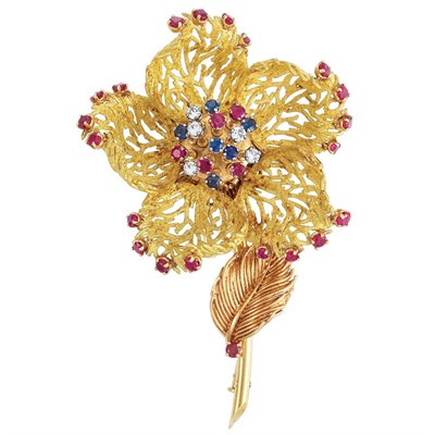 Lot 33 - Gold, Gem-Set and Diamond Flower Clip-Brooch, France