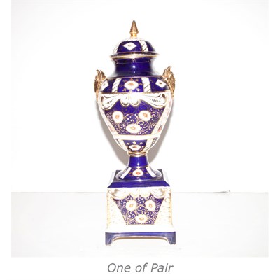 Lot 584 - Pair of English Imari Porcelain Covered Urns...