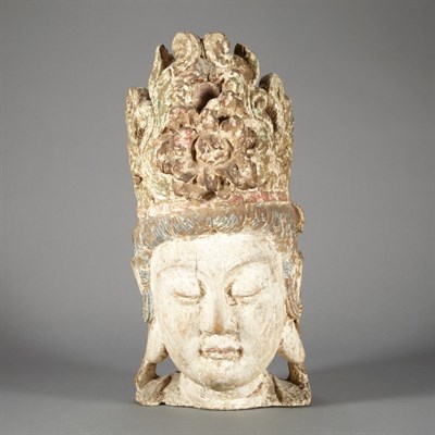 Lot 218 - Chinese Painted Wood Head of a Bodhisattva...