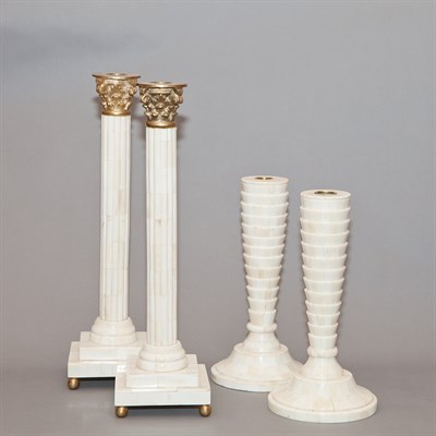 Lot 266 - Two Pairs of Tessellated Bone Candlesticks...