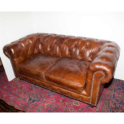 Lot 449 - Pair of Tufted Leather Chesterfield Sofas...