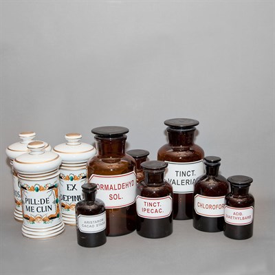 Lot 171 - Group of Ten Glass and Porcelain Apothecary...