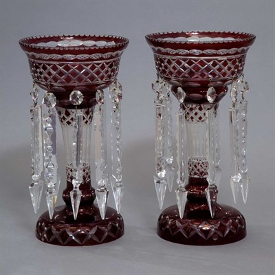 Lot 139 - Pair of Ruby Cut to Clear Glass Lustres Height...