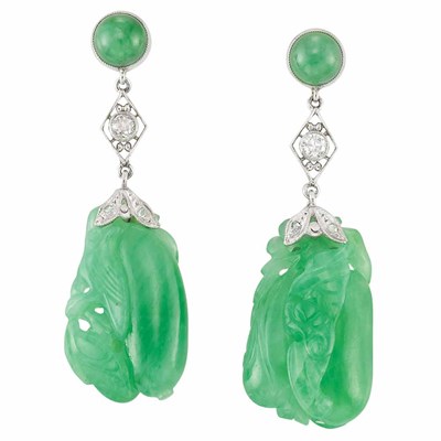 Lot 599 - Pair of Platinum, Jade, Diamond and Carved Jade Pendant-Earrings