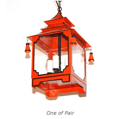 Lot 431 - Pair of Red Tole Pagoda Form Lanterns Height...