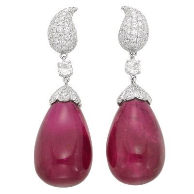 Lot 535 - Pair of White Gold, Diamond and Rubellite Pendant-Earrings