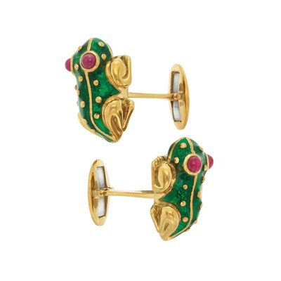 Lot 427 - Pair of Gold, Green Enamel and Cabochon Ruby Frog Cufflinks