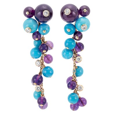 Lot 187 - Gold, Amethyst and Turquoise Bead and Diamond Necklace and Pair of Pendant-Earclips, Cartier, France