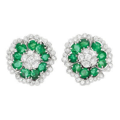 Lot 548 - Pair of Platinum, Diamond and Emerald Flower Earclips, Van Cleef & Arpels