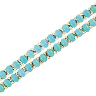Lot 192 - Pair of Gold, Turquoise and Diamond Bracelets