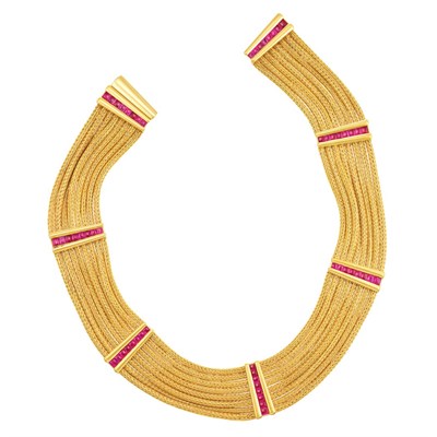 Lot 512 - Eight Strand Braided Gold and Cabochon Ruby Necklace, Hemmerle