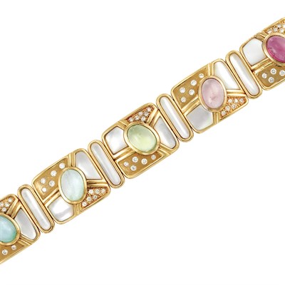 Lot 11 - Gold, Mother-of-Pearl, Cabochon Colored Stone and Diamond Bracelet