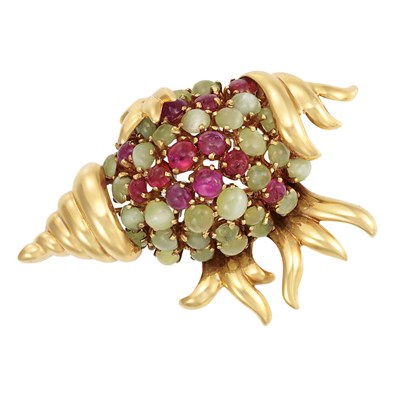Lot 478 - Gold, Cat's Eye and Cabochon Ruby Brooch