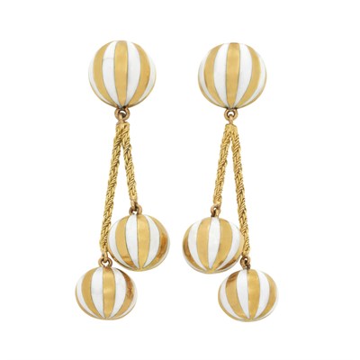 Lot 2 - Pair of Gold and White Enamel Pendant-Earclips