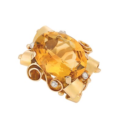 Lot 476 - Retro Gold, Platinum, Citrine and Diamond Ring