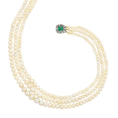 Lot 83 - Triple Strand Natural Pearl Necklace with Silver, Gold, Emerald and Diamond Clasp