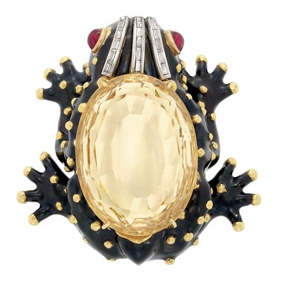 Lot 517 - Gold, Platinum, Black Enamel, Citrine, Diamond and Cabochon Ruby Frog Clip-Brooch, David Webb