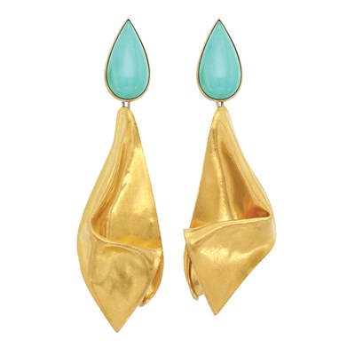 Lot 228 - Pair of Gold and Turquoise Pendant-Earrings