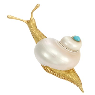 Lot 229 - Gold, Shell and Cabochon Turquoise Snail Brooch