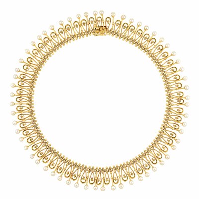 Lot 257 - Gold and Cultured Pearl Fringe Necklace