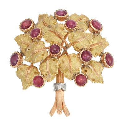 Lot 286 - Tricolor Gold and Cabochon Ruby Bouquet Clip-Brooch, Buccellati