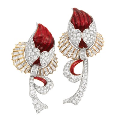 Lot 562 - Pair of Platinum, Gold, Diamond and Red Enamel Flower Brooches