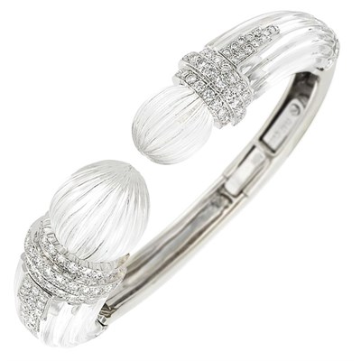 Lot 541 - Platinum, White Gold, Fluted Rock Crystal and Diamond Bangle Bracelet, David Webb