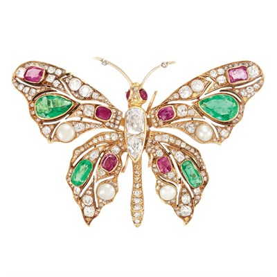 Lot 275 - Antique Gold, Gem-Set, Split Pearl and Diamond 'en Tremblant' Butterfly Brooch