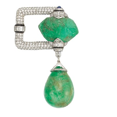 Lot 157 - Art Deco Platinum, Carved Emerald, Emerald, Diamond, Black Enamel and Cabochon Sapphire Brooch