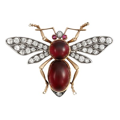Lot 58 - Antique Silver, Gold, Cabochon Garnet and Diamond Insect Brooch