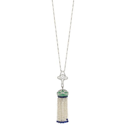 Lot 609 - Art Deco Platinum, Diamond, Jade, Blue Enamel, Seed Pearl and Lapis Bead Tassel Pendant with Platinum and Pearl Chain