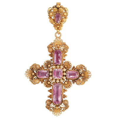 Lot 268 - Antique Cannetille Gold and Foiled-Back Pink Topaz Cross Pendant-Brooch