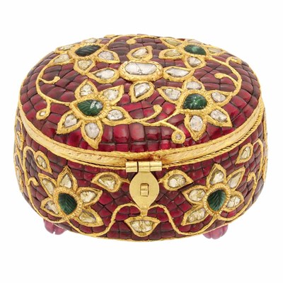 Lot 36 - Indian High Karat Gold, Foiled-Back Stone and Gem-Set and Diamond Box