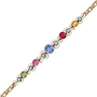 Lot 91 - Antique Gold, Gem-Set, Diamond and White Enamel Bracelet