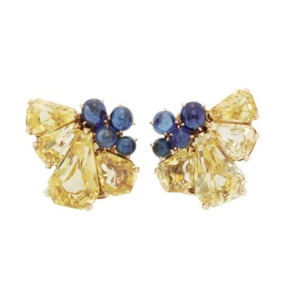 Lot 492 - Pair of Retro Gold, Yellow Sapphire and Cabochon Sapphire Earrings