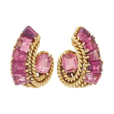 Lot 18 - Pair of Gold and Pink Tourmaline Hoop Earclips, David Webb