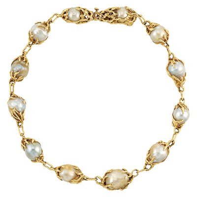Lot 220 - Gold and Semi-Baroque Cultured Pearl Necklace, Arthur King