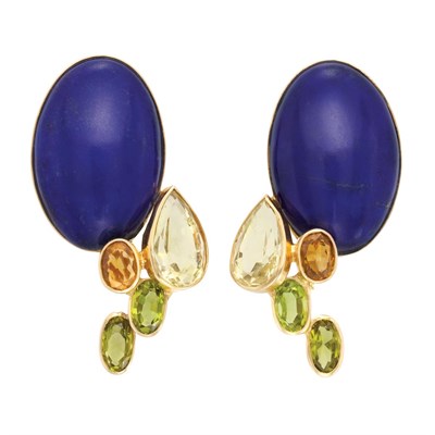 Lot 299 - Pair of Gold, Lapis and Gem-Set Earclips, Jean Vendome, France