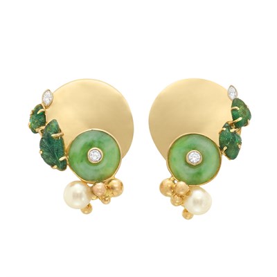 Lot 296 - Pair of Gold, Jade, Diamond, Carved Emerald and Cultured Pearl Earclips, Jean Vendome, France